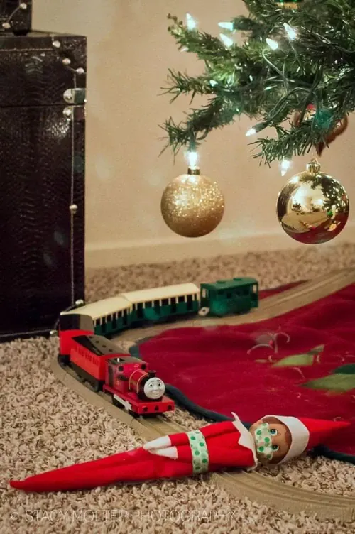 Elf about to get hit by train