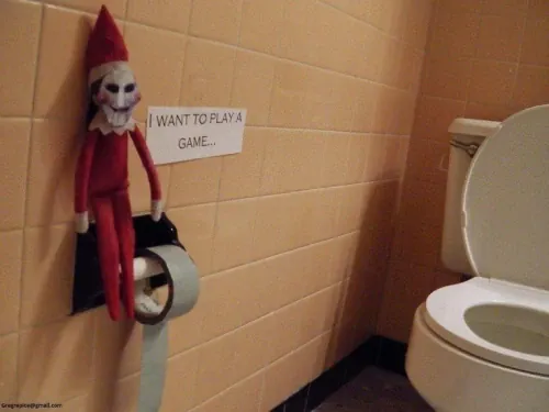 Jigsaw from Saw horror movie meets Elf On The Shelf